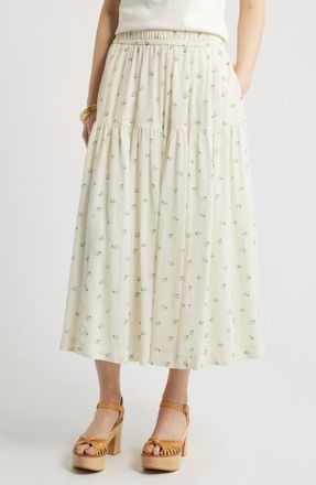 Treasure & Bond Smocked Waist Cotton Maxi Skirt in Ivory- Blue Garden Ditsy at Nordstrom, Size Xx-Large