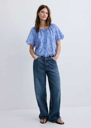 Mango Blusa 100% cotone ricami traforati blu - Donna - XXS - MANGO