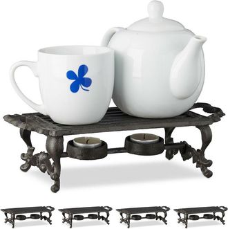 Relaxdays 5 Calentadores De Tazas, Duraderos, Dise&ntilde;o Envejecido, 2 Velas C/u, Hornillos De Hierro Fundido, 8,5x30x13,5cm, Marr&oacute;n