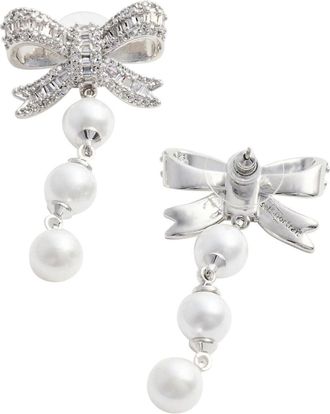 Self Portrait Womens Drop Earrings With Bow And Pearls, Metallic Metal