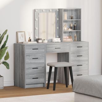 Berkfield Home 3 Piece Dressing Table Set with LED Grey Sonoma Engineered Wood