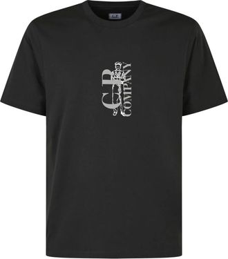 C.P. Company C.p. Company - 30/1 Jersey T-shirt met korte mouwen en verticaal logo - Heren - Tops - Zwart - Maat: XL Jersey