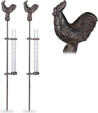 Relaxdays 4 Pluvi&oacute;metros Con Gallo, Estaca, Medidor Precipitaciones Decorativo, 17 Cm 7, Vidrio, Adorno Jard&iacute;n, Metal, En Bronce