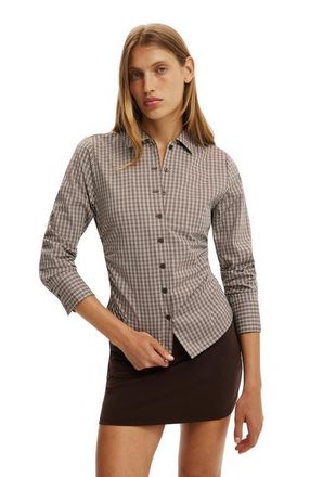 Cotton On Womens Peyton Gathered Long Sleeve Shirt in Hazel Micro Check Rich Mocha at Nordstrom, Size 12