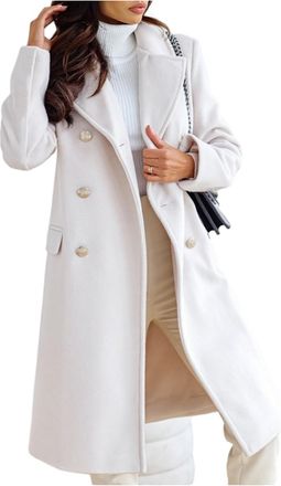 Generic Winter Long Sleeve Warm Full Coats for Women Camping Luxus Baggy Double Breaste Outerwear Lapel Tweed Solid Parkas for Women White XXL