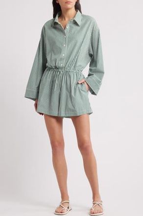 Faithfull The Brand Freja Stripe Long Sleeve Stretch Cotton Playsuit in Green Stripe at Nordstrom Rack, Size X-Large