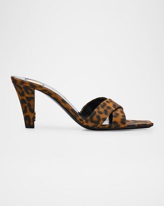 Saint Laurent Jill Leopard Crisscross Mule Sandals