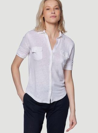 Majestic Filatures Stretch Linen 3/4 Sleeve Pocket Shirt in Blanc at Nordstrom, Size 2