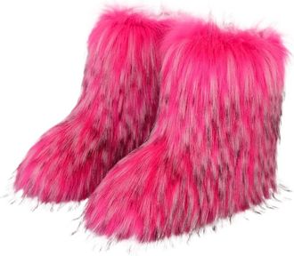 Generic Punk Women Boots Winter Fluffy Plush Warm Mid Calf Snow Boots Luxury Fashion Boots Comfortable Outdoor Flat Shoes(Red pink,10.5US)