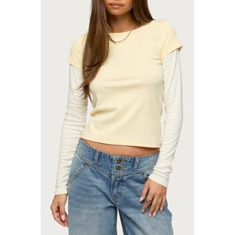 Edikted Layered Stripe Long Sleeve T-Shirt in Yellow at Nordstrom, Size X-Small