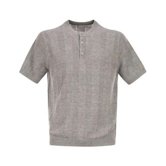 Brunello Cucinelli Ribbed Knit Button-Opening Short Sleeve Jumper - male - Brunello Cucinelli - Round-neck Knitwear - Gray - 2XL - Knitwear