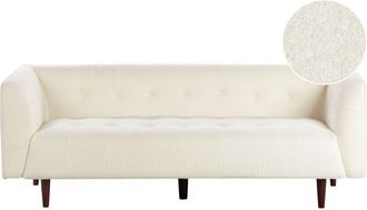 Beliani Sof&aacute; 3 Plazas Tapizado En Boucl&eacute; Patas De Madera Respaldo Abotonado Blanco Crema Byske
