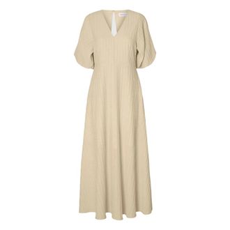 Selected Kleedjes, Dames, Beige, S, Nylon, Birch Midi Jurk met Ballonmouwen