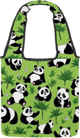 Generic Cute Panda on Green Reversible Canvas Shoulder Tote - Double-Sided Print, 12oz Cotton, 27cm Drop, Fold-Flat Bag for Travel, Shopping, Street Outings