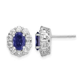 Diamond2Deal 14k White Gold 1 1/5 Ct Lab Grown Diamond and Oval Created Sapphire Halo Stud Earrings