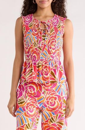 Sugarlips Nomi Floral Smocked Peplum Top in Pink-Orange-Blue at Nordstrom, Size X-Small