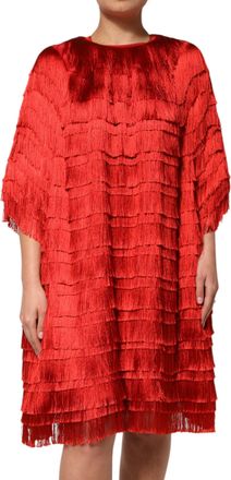 Dolce & Gabbana Womens Red Silk Tiers Fringe Shift Knee Length Dress