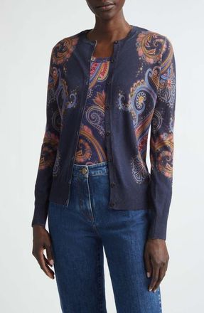 Etro Floral Paisley Silk & Cashmere Cardigan in Print On Blue Base at Nordstrom, Size 42
