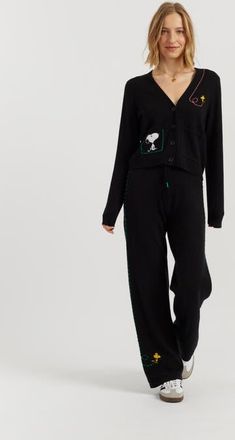 Chinti and Parker Wool-Cashmere Peanuts Stripe Wide Leg Track Pants in Black at Nordstrom, Size X-Large