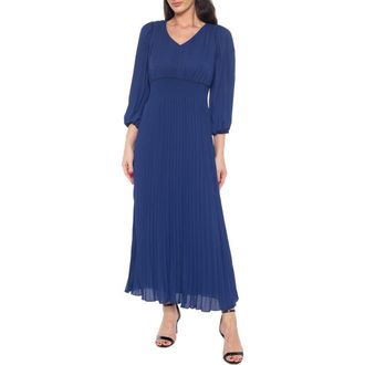 Marina Rossini Long Blouson Sleeve Pleated Maxi Dress in Navy at Nordstrom Rack, Size Large