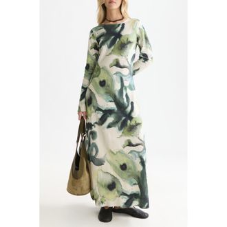 Scotch & Soda Print Long Sleeve Ankle Length Dress in Watercolourflower Balsam Green at Nordstrom, Size 42