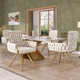 Matteo Set of 4 Beige Velvet Swivel Dining Chairs with Armrests