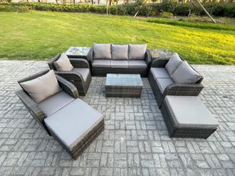 Fimous Patio Garden Furniture Sets Wicker 9 Seater Outdoor Rattan Furniture Sofa Sets with Rectangular Coffee Table Reclining Chair in Dark Grey
