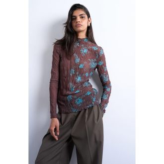 Topshop Floral Colorblock Crinkle Mesh Top in Brown Multi at Nordstrom, Size X-Small