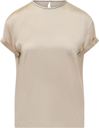 Brunello Cucinelli Beige Solid Crew Neck Top