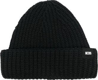GCDS logo-patch ribbed knit beanie - women - Cotton - One Size - Black