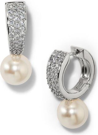 Nadri Under the Sea Cubic Zirconia & Faux Pearl Huggie Hoop Earrings in Rhodium at Nordstrom