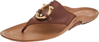 Ferragamo Brown Leather Gancini Thong Flats