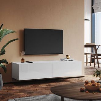 Sonni Tv Lowboard blanc brillant suspendu/supporté 140cm,2 abattants,moderne armoire suspendue deux possibilités de montage - Sonni