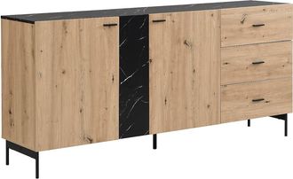 Pascal Morabito Aparador con 2 puertas y 3 caj&oacute;n de MDF y metal - Natural claro y efecto m&aacute;rmol negro - LIOMENA de Pascal Morabito