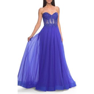 La Femme A-Line Tulle Ballgown with Lace Illusion Bodice in Royal Blue at Nordstrom, Size 00