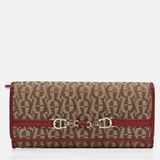 Aigner Beige/red Signature Canvas And Patent Leather Flap Continental Wallet