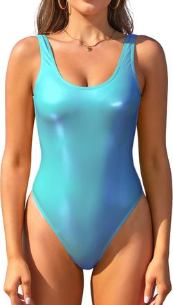 SHEKINI Womens Metallic Shiny Bathing Suit Scoop Neck Backless One Piece Swimsuits Non Padded Low Back Swimwear, Fluorescent Blue, X-Large