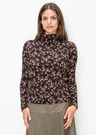 YAL New York Black Floral Mock Neck Top with Textured Knit