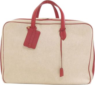 Herm&egrave;s Natural Red Color Toile H Taurillon Clemence Leather Boston Bag (Pre-Owned)