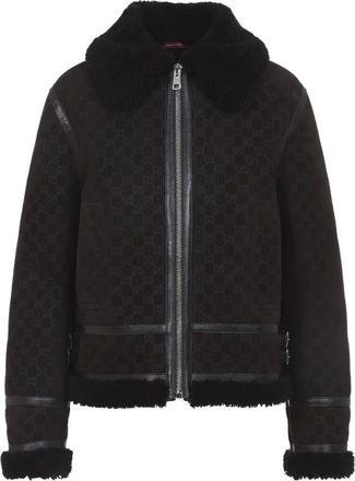 Gucci Printed Suede Shearling Jacket - female - Gucci - Leather Jackets - Brown - S - Jackets