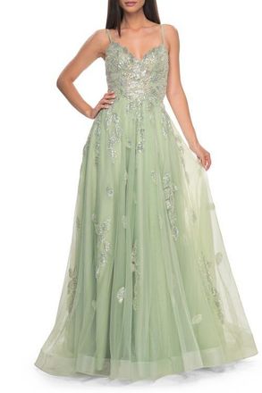 La Femme Two Tone Tulle A-Line Prom Dress with Floral Beaded Detail in Sage at Nordstrom, Size 12