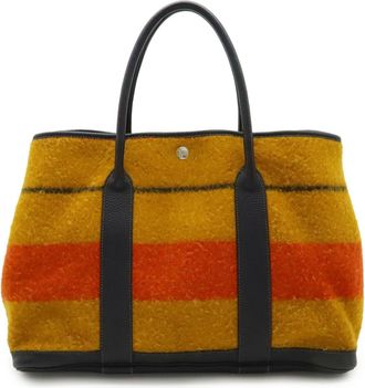 Herm&egrave;s Navy Orange Yellow Wool Leather Handbag Tote Bag (Pre-Owned)