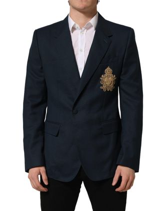 Dolce & Gabbana Blue Wool Logo Single Breasted Coat Mens Blazer
