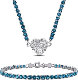Mimi & Max 17 1/2ct TGW Blue Topaz Created White Sapphire Heart Necklace and Bracelet Sterling Silver