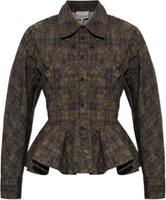 Ganni Peplum Top met Bloemendessin - Dames - Overhemden - Groen - S - Katoen - Overhemden