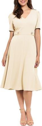 London Times V-Neck Side Tab Fit & Flare Midi Dress in Sugar Ivory at Nordstrom Rack, Size 10