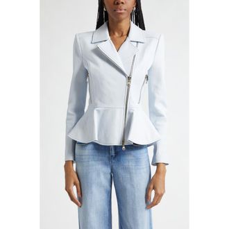 L'agence Lyric Peplum Leather Biker Jacket in Pale Mist Blue at Nordstrom, Size X-Large