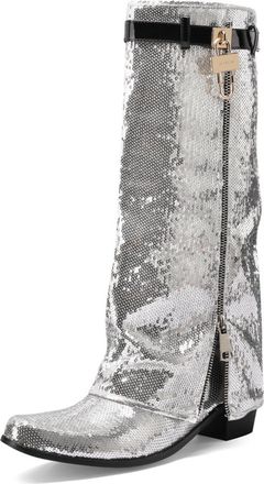 Generic Womens Sequined Mid-Calf Boots Metallic Lock Detail Side Zipper Pointed Toe Low Block Heels Glossy Strap Comfortable Non-Slip Durable Design,Silver,5.