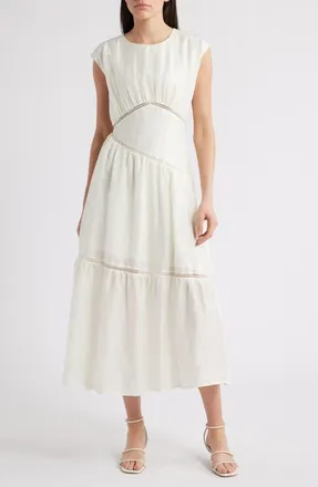 ZOE AND CLAIRE Asymmetric Lace Inset Midi Dress in Ivory at Nordstrom, Size Medium