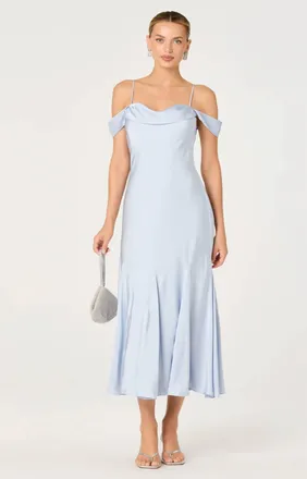 Astr Araxie Satin Off-Shoulder Godet Midi Dress In Light Blue